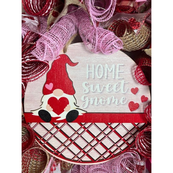 Handmade Valentine’s Home Sweet Gnome Ribbon Prelit Wreath 22 ins LED W18 - Picture 4 of 12